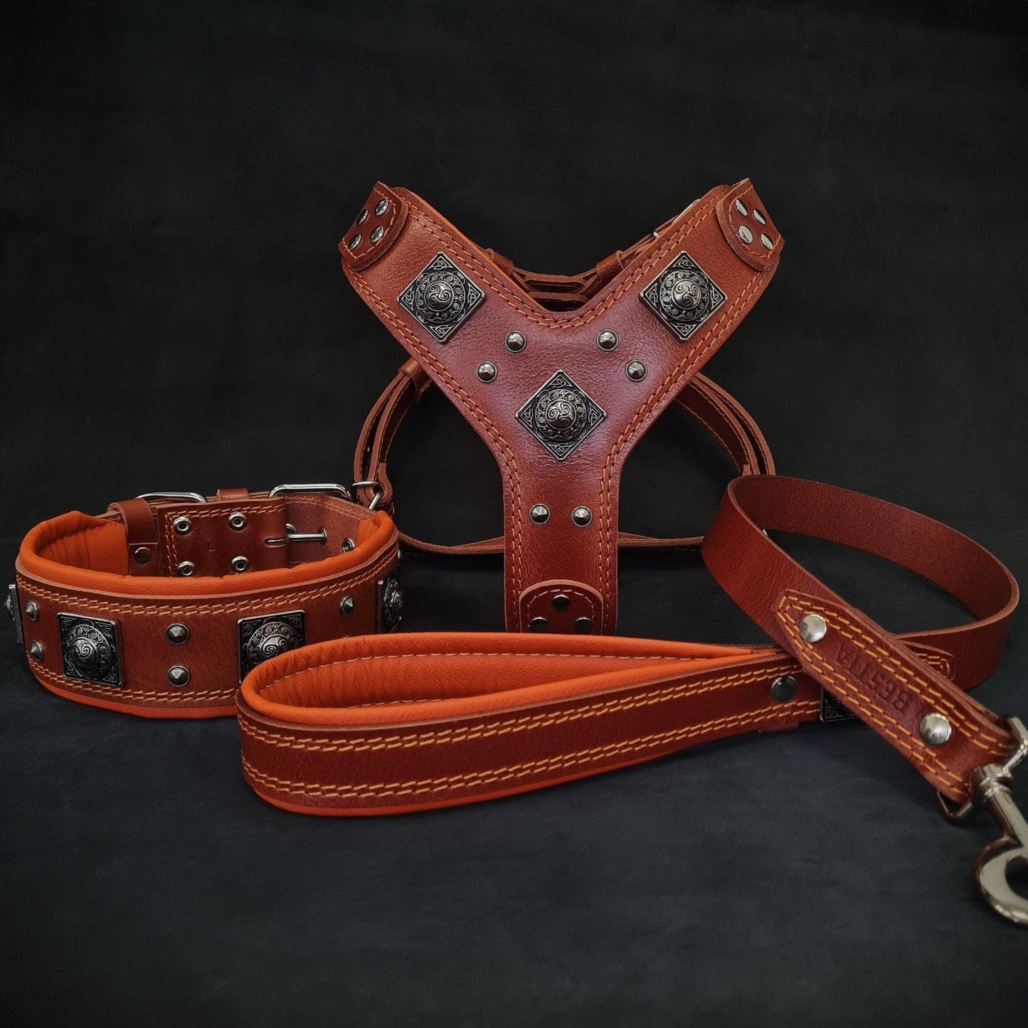 "EROS" BIG dog SET- Harness, Collar, Lead Brown & Orange-0