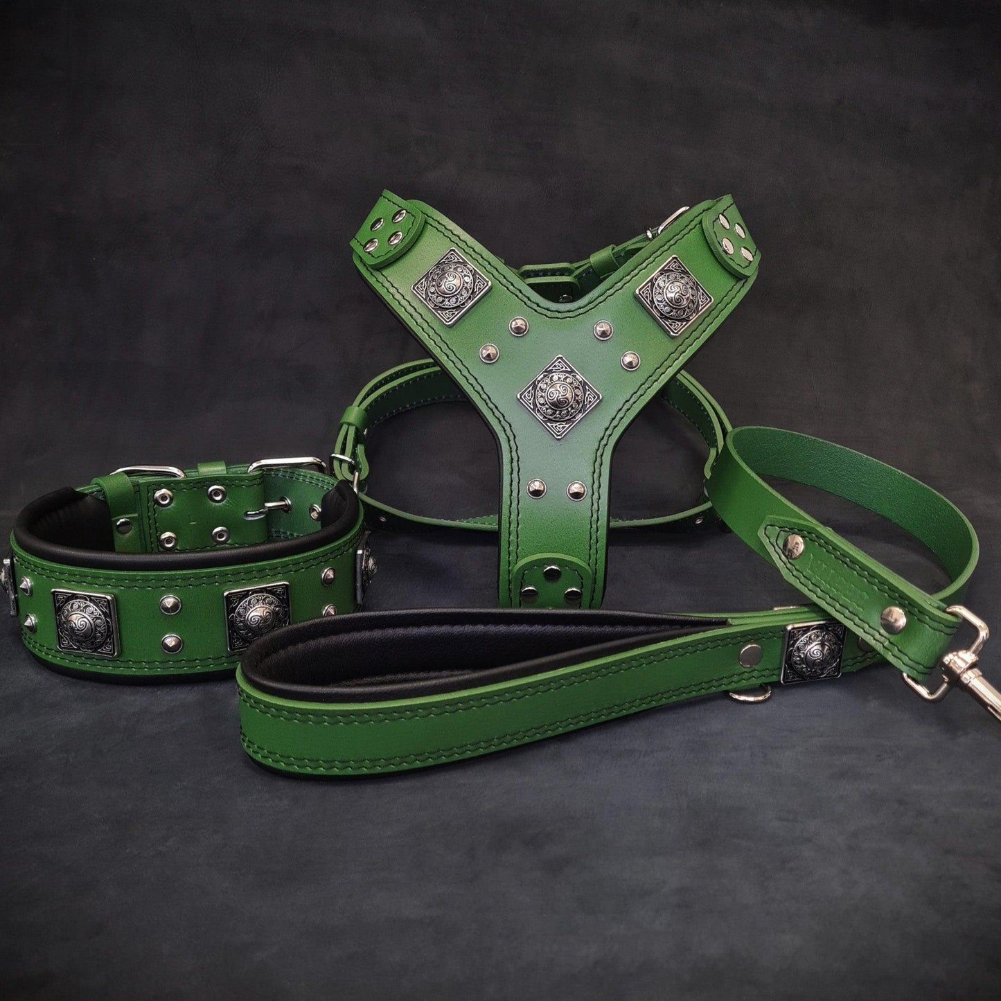 "EROS" BIG Dog SET- Harness, Collar, Lead Green-0