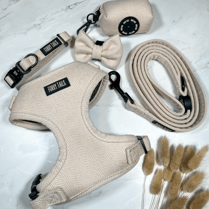 Dog Harness (Full Set) (Cashmere) – Dog Harness, Dog Collar, Dog Lead, Dog Poo Holder, Dog Bow Tie – by Furry Tails-0