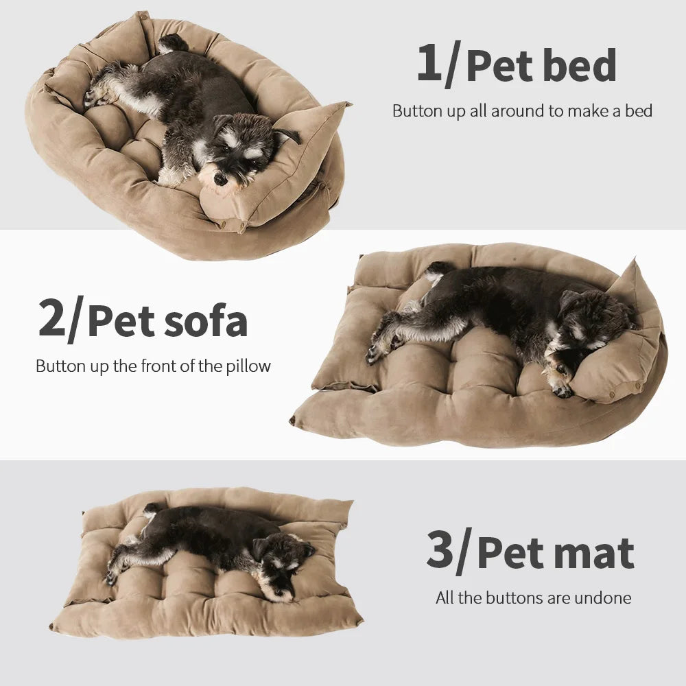 3-in-1 Multifunction Dog And Cat Bed Soft Cotton Convertible Pet Mat Brown-1